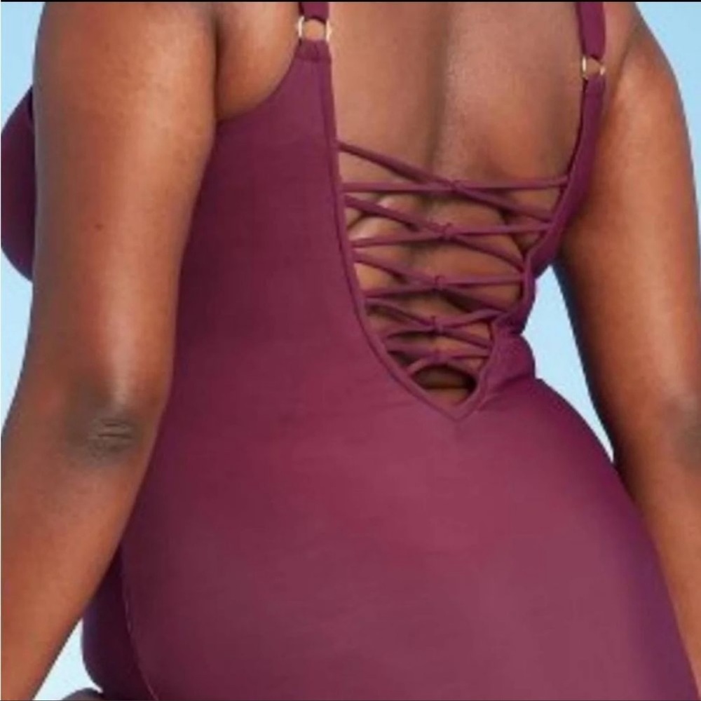 Aqua Green Lace Up One Piece Swimsuit 18W Plus Plunge Resort Coastal Beach NWT - Picture 3 of 14
